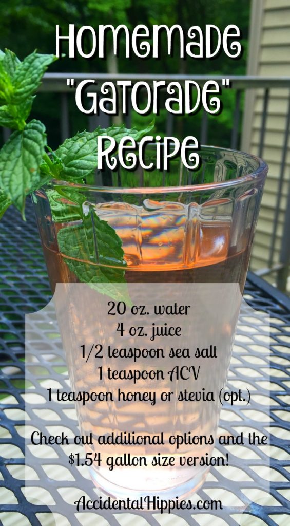 This homemade "gatorade" is organic, dye free, low in sugar, and only costs $.29 to make for a 20 oz. serving! Click for options, mix-ins, and the gallon sized version!