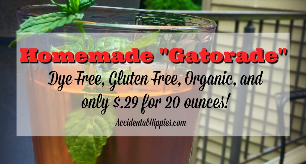 This homemade "gatorade" is organic, dye free, low in sugar, and only costs $.29 to make for a 20 oz. serving! Click for options, mix-ins, and the gallon sized version!