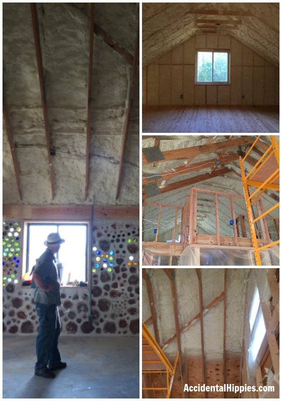 Spray foam insulation in the roof and loft of a cordwood house