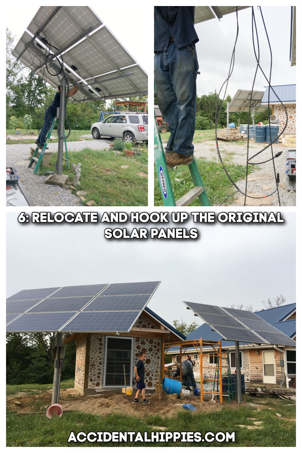 Taking down a set of solar panels shown above and the completed set of 15 panels in front of a shed shown below