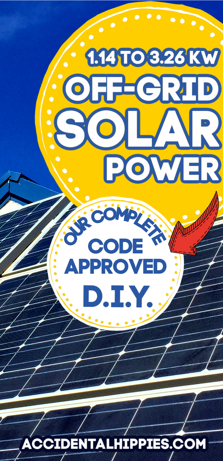 solar panels with text 1.14 to 3.26 kW off-grid solar power, our full code approved diy